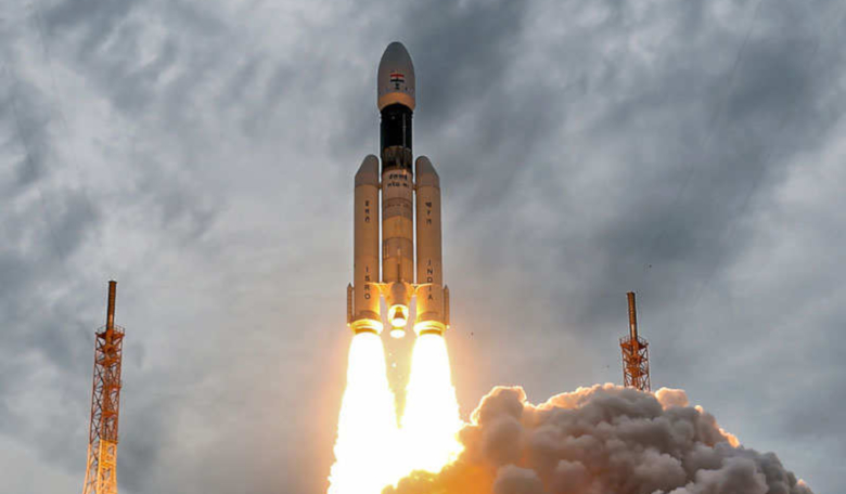 Chandrayaan-2 blasts off successfully against the backdrop of grey skies. Image: ISRO/Time of India