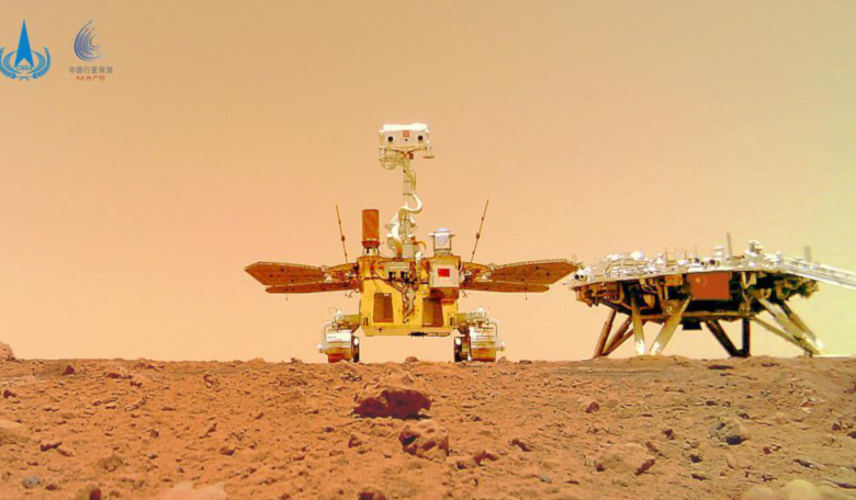 Photo released on 11 June, 2021 by the China National Space Administration (CNSA) shows a selfie of China's first Mars rover Zhurong with the landing platform. Image: CNSA/Handout via Xinhua