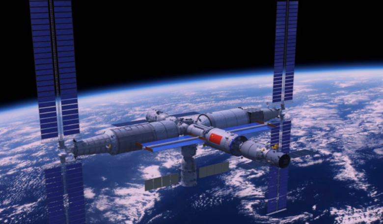 An artist's impression of the Chinese Space Station in orbit around Earth. Image: CMSA
