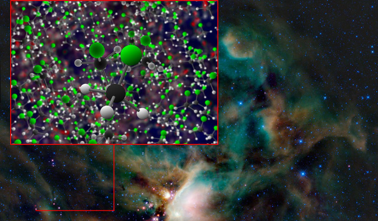 Organohalogen chloromethane discovered by ALMA around the infant stars in IRAS 16293-2422. These same organic compounds were discovered in the thin atmosphere surrounding Comet 67P/C-G. Image: B. Saxton (NRAO/AUI/NSF); NASA/JPL-Caltech/UCLA 