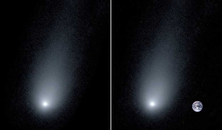 Left: A new image of the interstellar comet 2l/Borisov. Right: A composite image of the comet with a photo of the Earth to show scale. Image: Pieter van Dokkum, Cheng-Han Hsieh, Shany Danieli, Gregory Laughlin