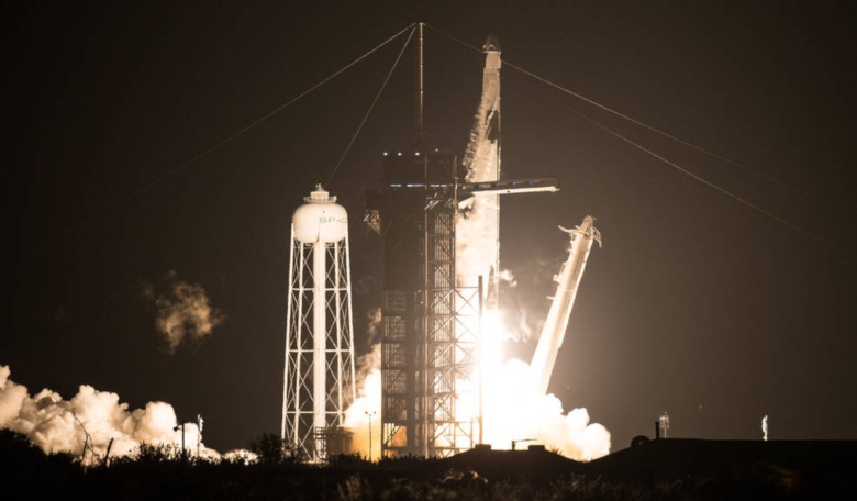 A SpaceX Falcon 9 rocket carrying the company's Crew Dragon spacecraft is launched on NASA’s SpaceX Crew-1 mission to the ISS with four astronauts onboard, Sunday, 15 Nov, 2020, at NASA’s Kennedy Space Center in Florida. Image: NASA