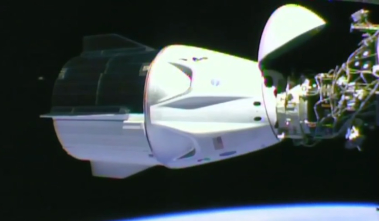 The Crew Dragon spacecraft Endeavour docked with the ISS at 16:16 pm GMT 31 May, 2020. Image: NASA TV