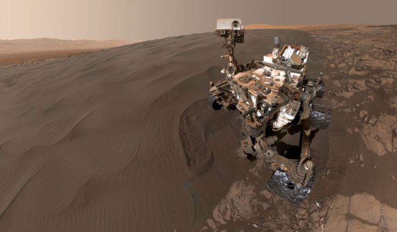 A self-portrait from NASA's Curiosity rover showing the car-size mobile laboratory at Bagnold Dunes where it had been scooping and sieving samples of sand in 2016. Image: NASA