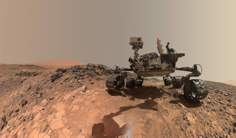 This low-angle self-portrait of NASA's Curiosity Mars rover shows the vehicle at the site from which it reached down to drill into a rock target called 