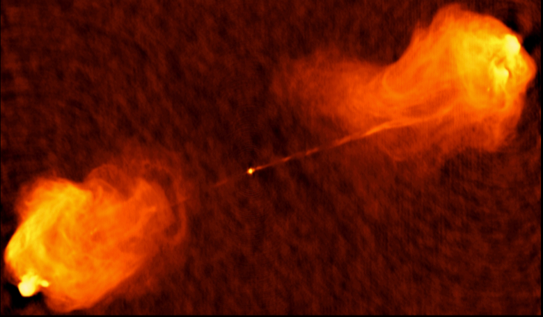 VLA image of the radio galaxy 3C405 (Cygnus A) - an example of an elliptical DRAGN. Image National Radio Astronomy Observatory.