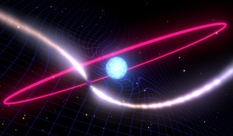 Artist's depiction of a rapidly spinning neutron star and a white dwarf dragging the fabric of space time around its orbit. Image: Mark Myers, OzGrav ARC Centre of Excellence.