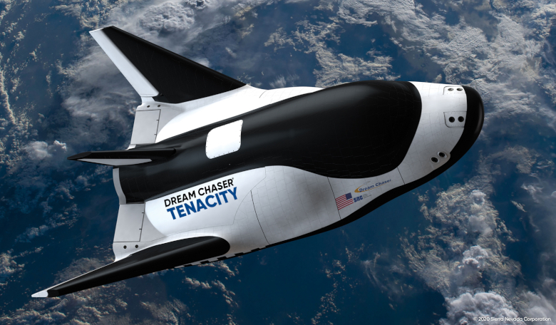 An artist's rendition of Tenacity in space, the first orbital vehicle in SNC's Dream Chaser fleet. Image: Sierra Nevada Corporation