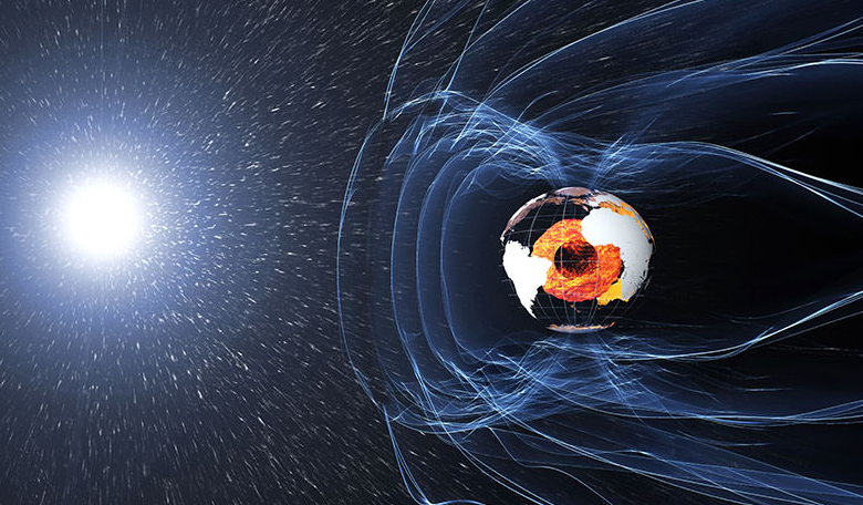 Earth's magnetic field being bombarded by energetic particles from the Sun. Image: ESA Medialab