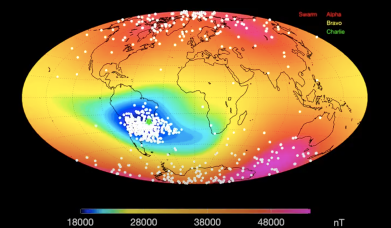 White dots on the map indicate individual events when Swarm instruments registered the impact of radiation from April 2014 to August 2019. The background is the magnetic field strength at the satellite altitude of 450km. Image: ESA
