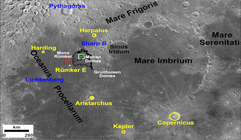 The location of the Chang’e-5 landing site (43.06°N, 51.92°W) and adjacent regions of the Moon, as well as impact craters that were examined as possible sources of exotic fragments among the recently returned lunar materials. Image: Qian et al. 2021