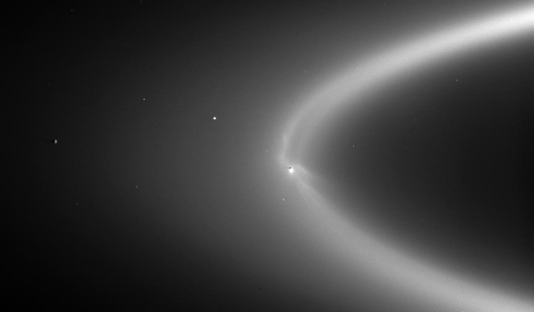 NASA image of Enceladus within the E-ring in orbit around Saturn, where it is possible that the methanol detection could originate further out in the E-ring. Image: NASA/JPL-Caltech/Space Science Institute.