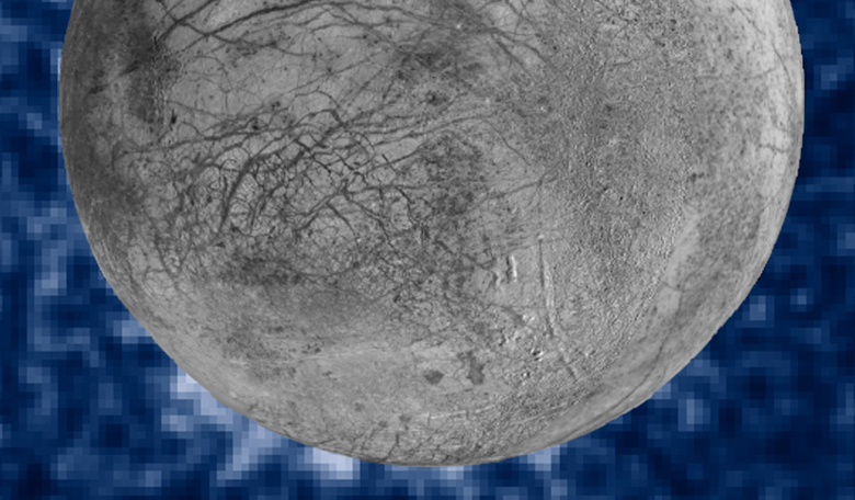 This composite image shows suspected plumes of water vapor erupting at the 7 o'clock position off the limb of Jupiter's moon Europa. Image: NASA/ESA/W. Sparks (STScI)/USGS Astrogeology Science Center