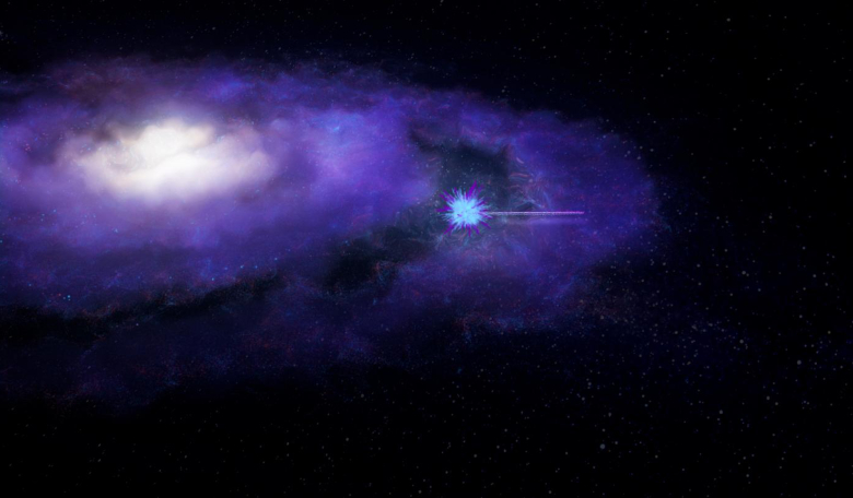 An artists rendering of an FRB leaving its host galaxy as a bright burst of radio waves. Image: ICRAR