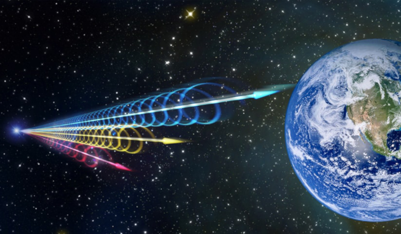 Artist impression of a fast radio burst reaching Earth. Image: Jingchuan Yu, Beijing Planetarium