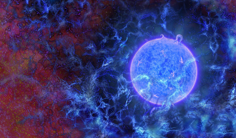 This artist's rendering shows the universe's first, massive, blue stars embedded in gaseous filaments, with the cosmic microwave background just visible at the edges. Image: N.R.Fuller, NSF