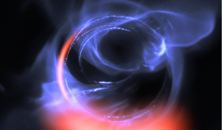 This visualisation of material orbiting close to a black hole uses data from simulations of orbital motions of gas swirling around at about 30% of the speed of light on a circular orbit around the black hole. Image: ESO/Gravity Consortium/L.Calçada