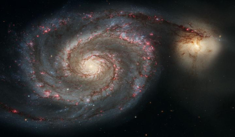 The Whirlpool Galaxy (M51a) and companion galaxy (M51b). This Hubble Space Telescope image represents a merger between two galaxies similar in mass to the Milky Way and the LMC. Image: NASA, ESA, S. Beckwith (STScI), and HHT (STScI/AURA)