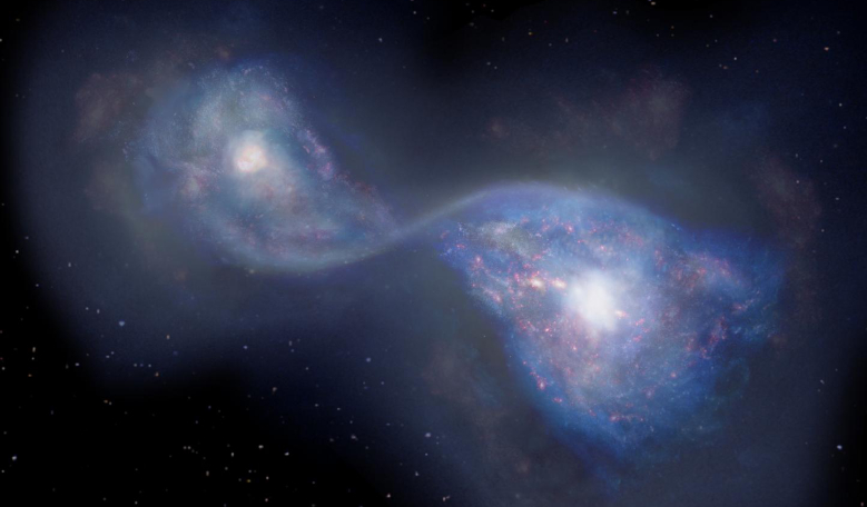 Artist's impression of the merging galaxies B14-65666 located 13 billion light years-away. Image: National Astronomical Observatory of Japan