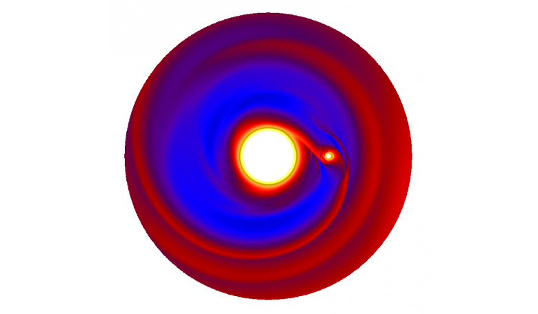 Simulation of core accretion for the evolution of a 10 Jupiter-mass planet, placed at 50 AU from the star and showing the gap the planet has opened up in the circumstellar disk. Image: J. Szulagyi
