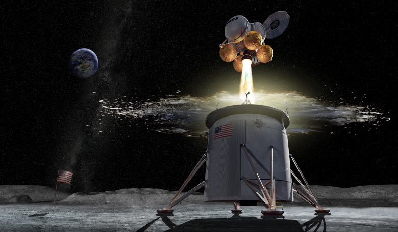 Artist's rendering of an ascent vehicle separating from a descent vehicle and departing the lunar surface. Image: NASA