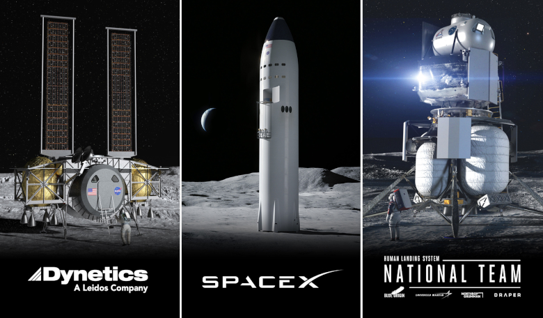 The three firms who were awarded almost $1 billion in contracts by NASA to develop a human landing system (HLS) for its Artemis programme. Image: Dynetics/SpaceX/Blue Origin.