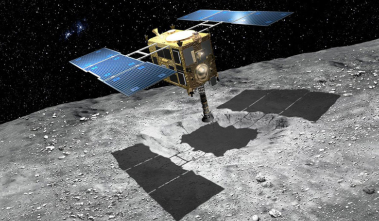 An artists rendering of Hayabusa2 collecting samples from near-Earth asteroid Ryugu. Hayabusa2 is due to deliver its cargo to a remote location in Australia on Sunday 6 December. Image: JAXA 