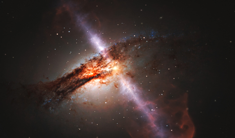 This artist’s impression illustrates how high-speed jets from supermassive black holes would look. Image: ESA / Hubble / L. Calçada, ESO.