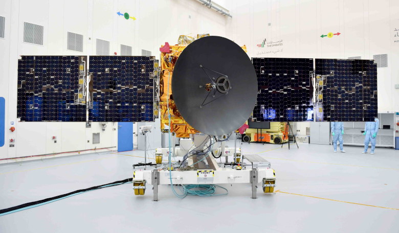 The UAE's Hope Probe pictured inside a clean room prior to its launch to Mars on Sunday 19 July, 2020. Image: MBRSC