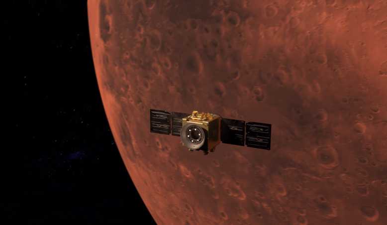 An artist's rendering of the Hope Probe in orbit around Mars following the spacecraft's successful MOI manoeuvre at 10:30am ET, 9 February, 2021. Image: UAE