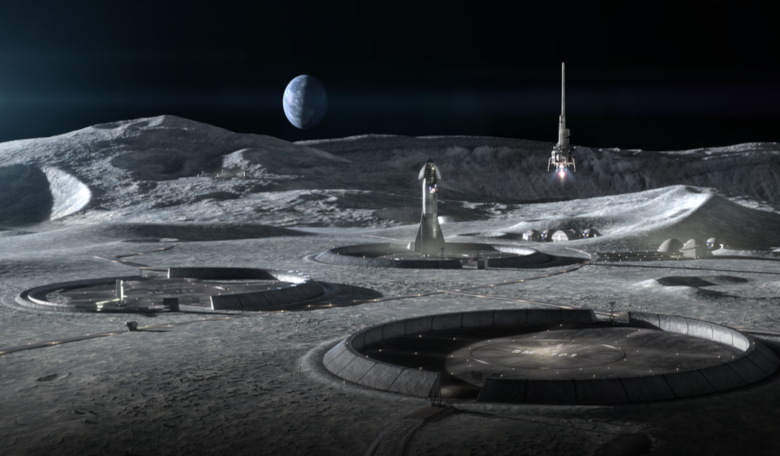 ICON illustration of a conceptual lunar base with 3D printed infrastructure, including landing pads and habitats. Image: ICON/SEArch+