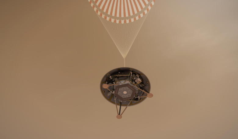 An artists impression of the InSight Lander heading for the martian surface. Image: NASA