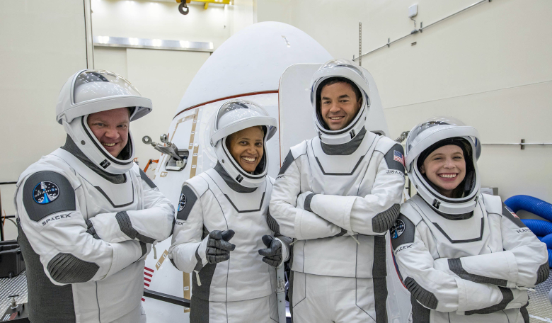 The Inspiration4 crew:  (left) Chris Sembroski, Dr. Sian Proctor, Jared Isaacman and Hayley Arceneaux. The crew are scheduled to lift off from Cape Canaveral, 15 September, 2021
