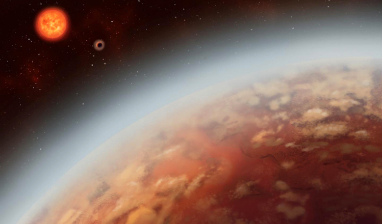 This artist’s concept shows two super-Earth exoplanets, K2-18 b and c, orbiting the red dwarf star K2-18. Image: Alex Boersman