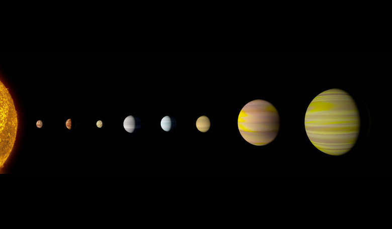 With the discovery of an eighth planet, the Kepler-90 system is the first to tie with our solar system in number of planets. Image: NASA/Wendy Stenzel