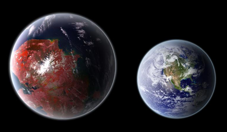 An artistic representation of the potentially habitable planet Kepler 422-b (left) located approximately 1,200 light years away, compared with Earth (right). Image: Ph03nix1986 / Wikimedia Commons