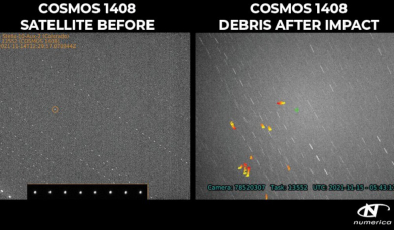 The Kosmos-1408 satellite before and after an impact from a Russian anti-satellite test on 15 November, 2021. Image: Numerica Corporation