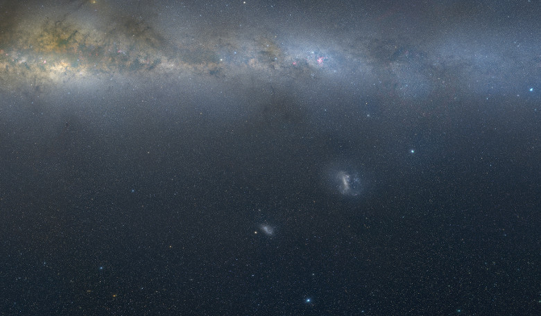 This visible light mosaic shows the LMC and SMC in context with the plane of our own galaxy, the Milky Way. Image Axel Mellinger, Central Michigan Univ.