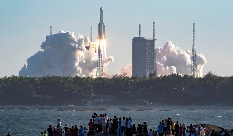 China's new large carrier rocket Long March-5B blasts off from the Wenchang Space Launch Center in southern China's Hainan Province, 5 May, 2020. Image: Guo Cheng/Xinhua via AP