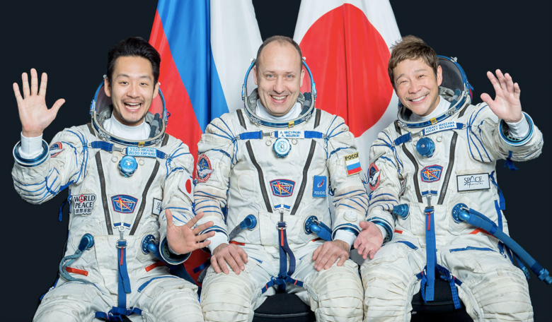 Spaceflight participant Yozo Hiro, Roscosmos cosmonaut Alexander Misurkin and spaceflight participant Yusaku Maezawa. Image: Roscosmos