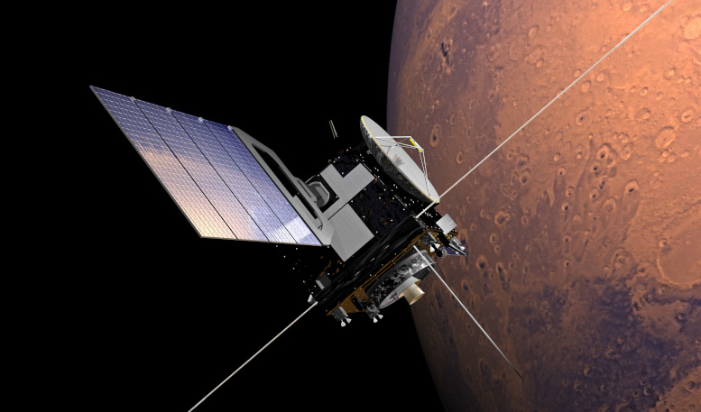 An artist's impression of the Mars Express spacecraft which has just helped a team of scientists make the first independent confirmation of a methane spike recorded by Curiosity in 2013. Image: ESA