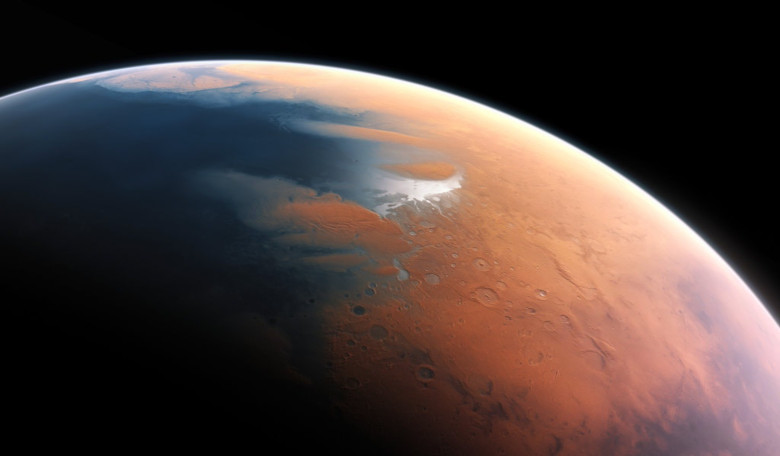An artist’s impression of how Mars may have looked about four billion years ago, with an ocean covering its northern hemisphere. Image: ESO/M. Kornmesser