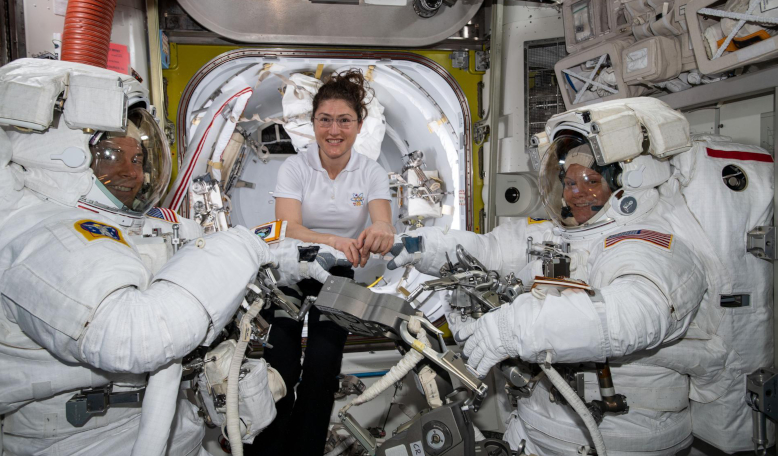 NASA astronaut Christina Koch (centre) assists fellow astronauts Nick Hague (left) and Anne McClain in their U.S. spacesuits shortly before they begin the first spacewalk of their careers. Image: NASA