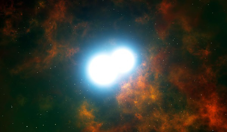 Two white dwarfs in a binary system can spiral toward each other and merge, initiating a supernova explosion. Image: ESO/L. Calçada