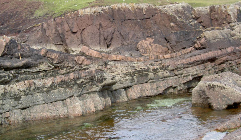 Laminar beds of sandstone have preserved the crater under the Minch Basin and the way the rocks are laid out allows the team to trace back to an origin. Image: Ken Amor/University of Oxford
