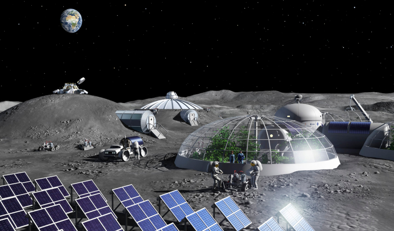 Artist impression of activities in a Moon Base; power generation from solar cells, food production in greenhouses and construction using mobile 3D printer-rovers. Image: ESA