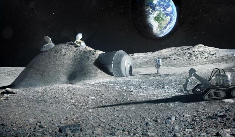 Future moon bases could be built with 3D printers that mix materials such as moon regolith, water and astronauts' urine suggests a new study. Image: ESA, Foster and Partners