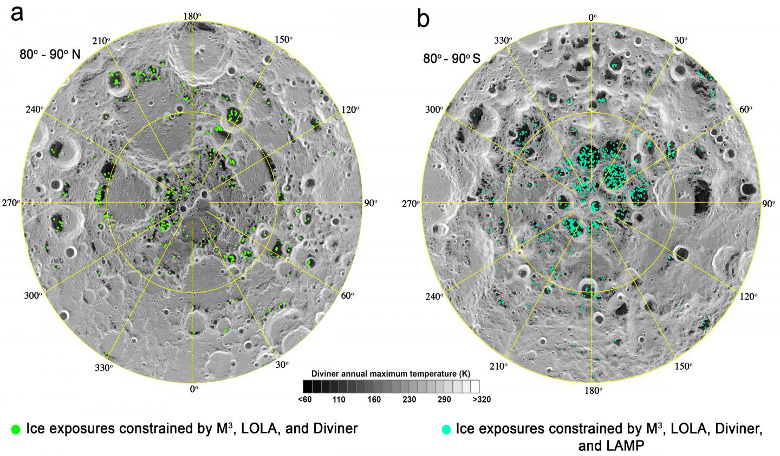This image shows the surface exposed water ice (green and blue dots) in the lunar polar regions overlain on the annual maximum temperature (darker=colder, brighter=warmer). Image: Shuai Li, University of Hawaii SOEST/ HIGP