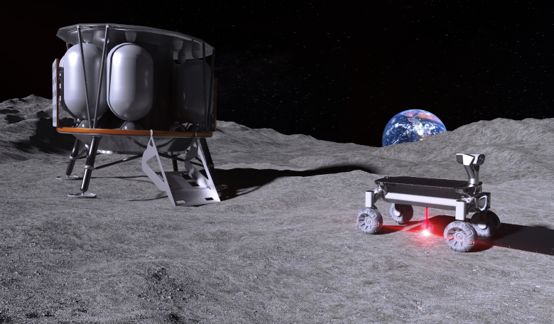 MOONRISE technology in action on the moon. On the left is the lunar module and on the right is the MOONRISE-equipped rover with the laser switched on, melting moon dust. Image: LZH