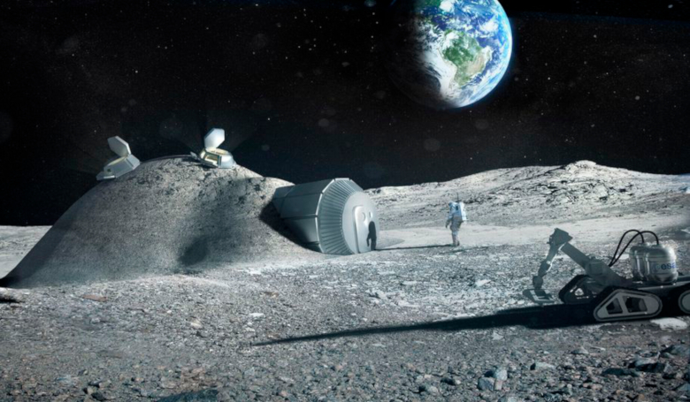 A rendering of a possible lunar base and mining equipment. Image: ESA